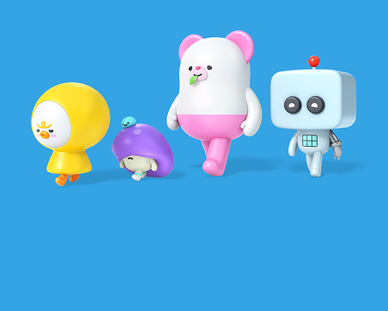 EGGLAB Y-NUTS Character Brand Marketing_4 characters on the blue background_yellow is Y, purple mushroom is GOO, white bear with pink ears is PINK, gray colored robot is 36-9